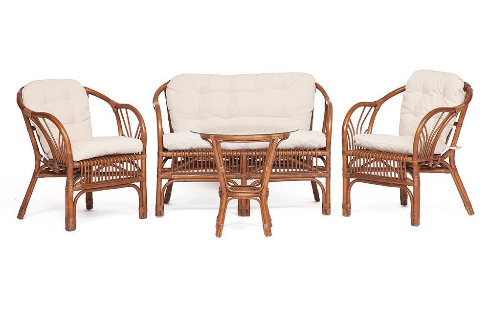 КОМПЛЕКТ " NEW BOGOTA " ( диван + 2 кресла + стол со стеклом ) /с подушками/ ротанг, кр:61х67х78,5см, дв:108х66х78,5см, ст:D60х56,5см, coco brown (коричневый кокос)
