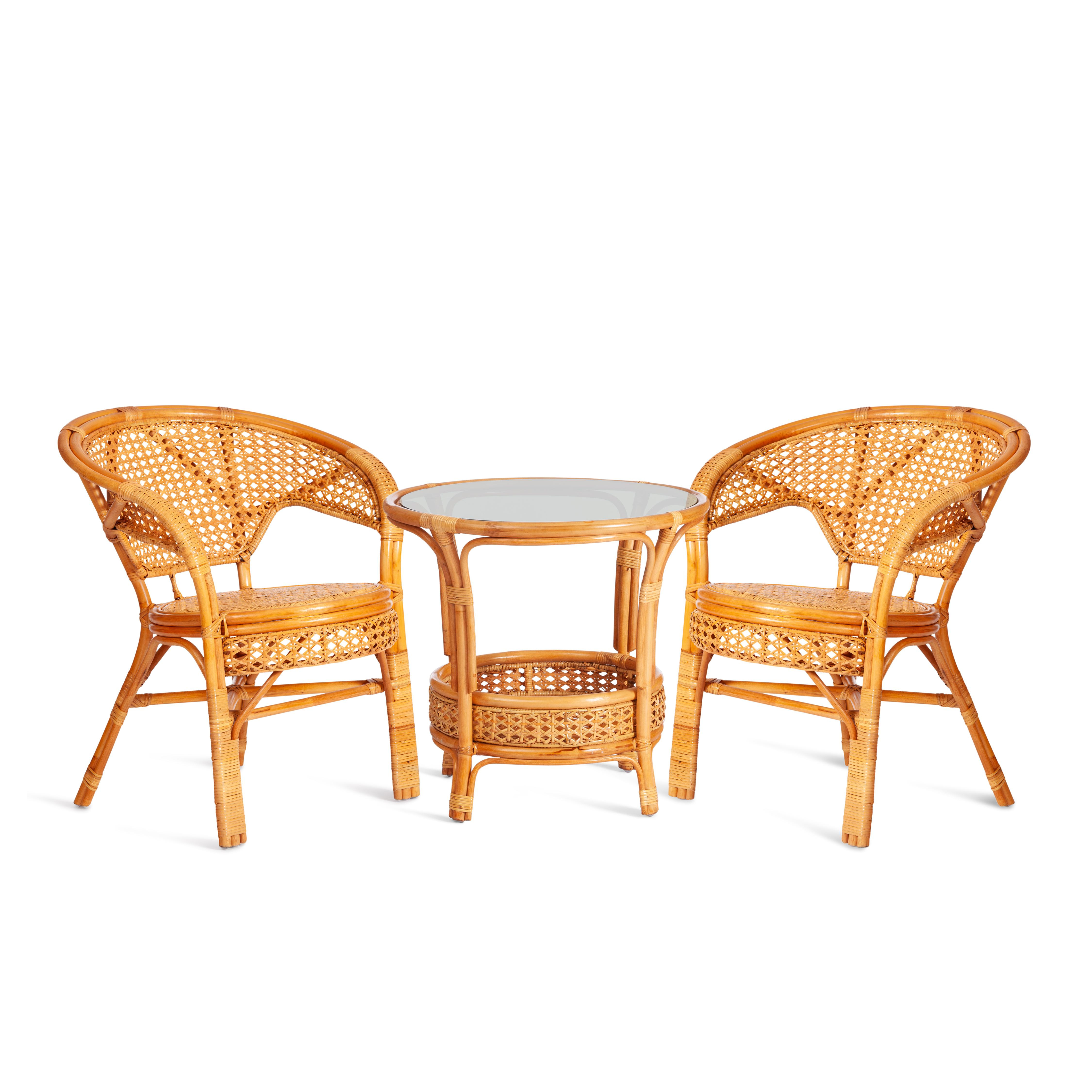 ТЕРРАСНЫЙ КОМПЛЕКТ "PELANGI" (стол со стеклом + 2 кресла) /без подушек/ ротанг, кресло 65х65х77см, стол диаметр 64х61см, Honey (мед)