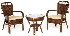 Комплект террасный ANDREA (стол кофейный со стеклом + 2 кресла + подушки) ротанг, 64х67х92см / D60х55, Pecan Washed (античн. орех)
