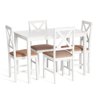 Обеденный комплект Хадсон (стол + 4 стула)/ Hudson Dining Set дерево гевея/мдф, стол: 110х70х75см / стул: 44х42х89см, pure white (белый 2-1), ткань кор.-зол.(1505