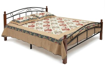 Кровать AT-8077 дерево гевея/металл, 140*200 см (Double bed), красный дуб/черный