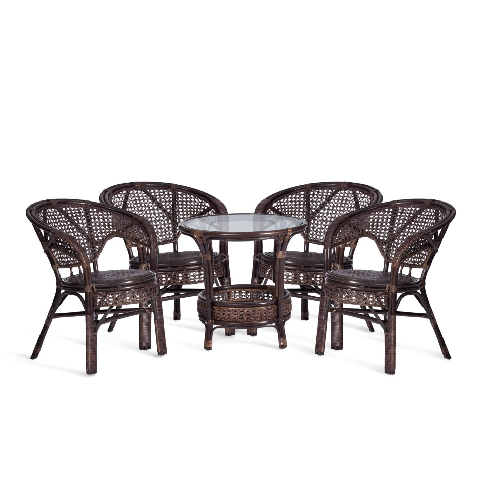 Комплект "PELANGI"  02/15 ( стол со стеклом + 4 кресла ) [без подушек] ротанг, кресло 65х65х77см, стол диаметр 64х61см, walnut (грецкий орех)