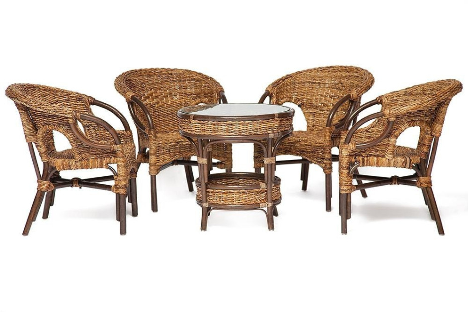 Комплект обеденный "Mandalino" 05/21 ( 4 кресла + стол обеденный ) /без подушек/ ротанг, walnut (грецкий орех), плетение-банановые листья