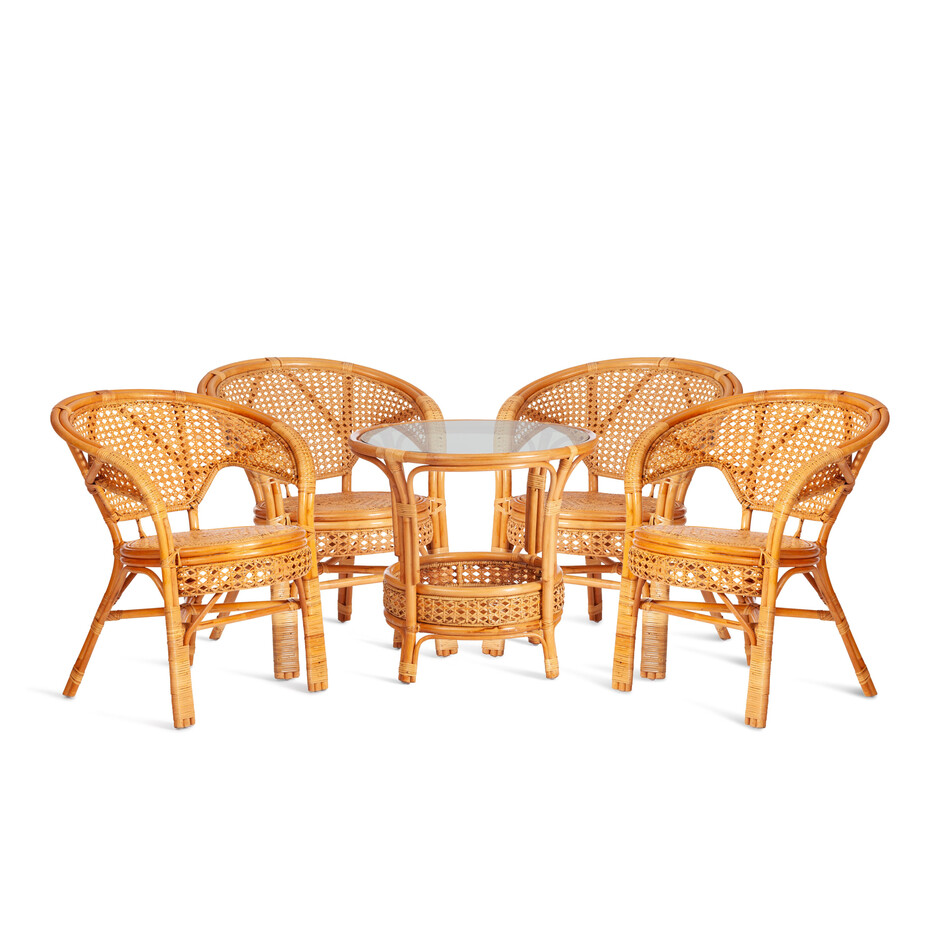 Комплект "PELANGI"  02/15 ( стол со стеклом + 4 кресла ) [без подушек] ротанг, кресло 65х65х77см, стол диаметр 64х61см, Honey (мед)
