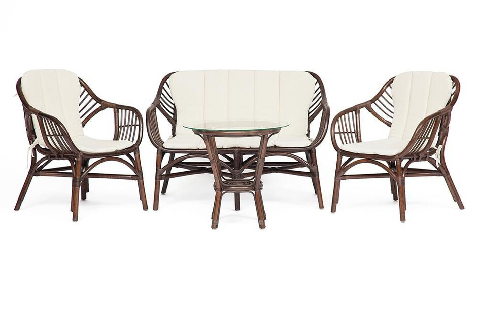 Комплект для отдыха Sonoma/Сонома ( стол круглый со стеклом+2 кресла+диван ) /с подушками/ ротанг, кр:63х69х79см, дв:112х69х79см, ст:Д50х56,5см, грецкий орех