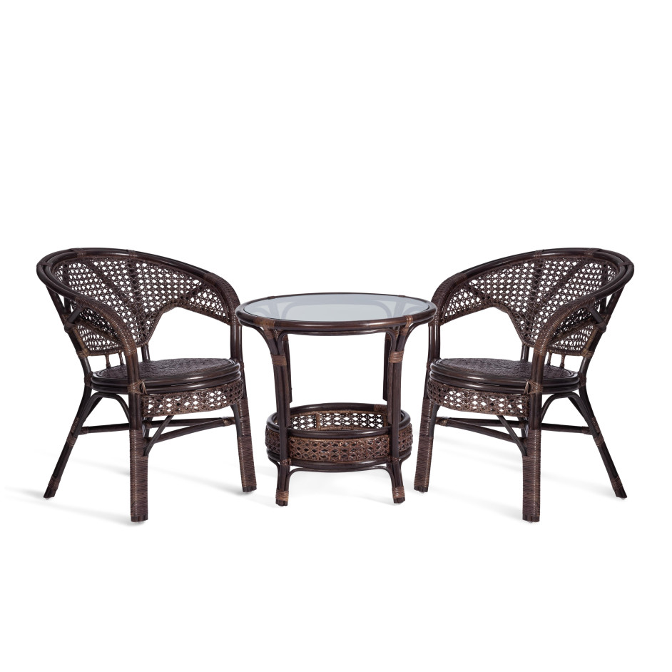 ТЕРРАСНЫЙ КОМПЛЕКТ "PELANGI" (стол со стеклом + 2 кресла) /без подушек/ ротанг, кресло 65х65х77см, стол диаметр 64х61см, walnut (грецкий орех)
