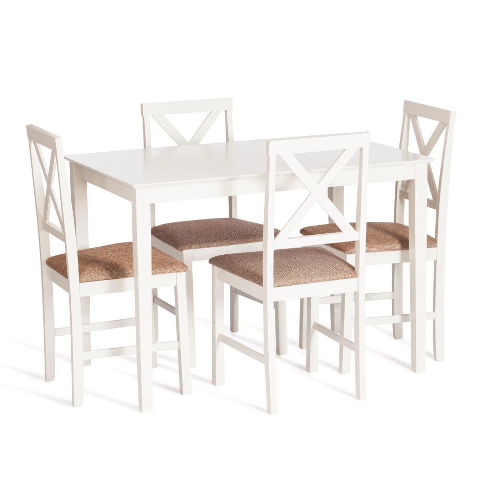 Обеденный комплект Хадсон (стол + 4 стула)/ Hudson Dining Set дерево гевея/мдф, стол: 110х70х75см / стул: 44х42х89см, ivory white (слоновая кость), ткань кор.-зол