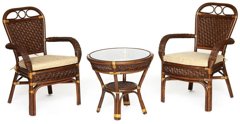 Комплект террасный ANDREA (стол кофейный со стеклом + 2 кресла + подушки) ротанг, 64х67х92см / D60х55, Pecan Washed (античн. орех)
