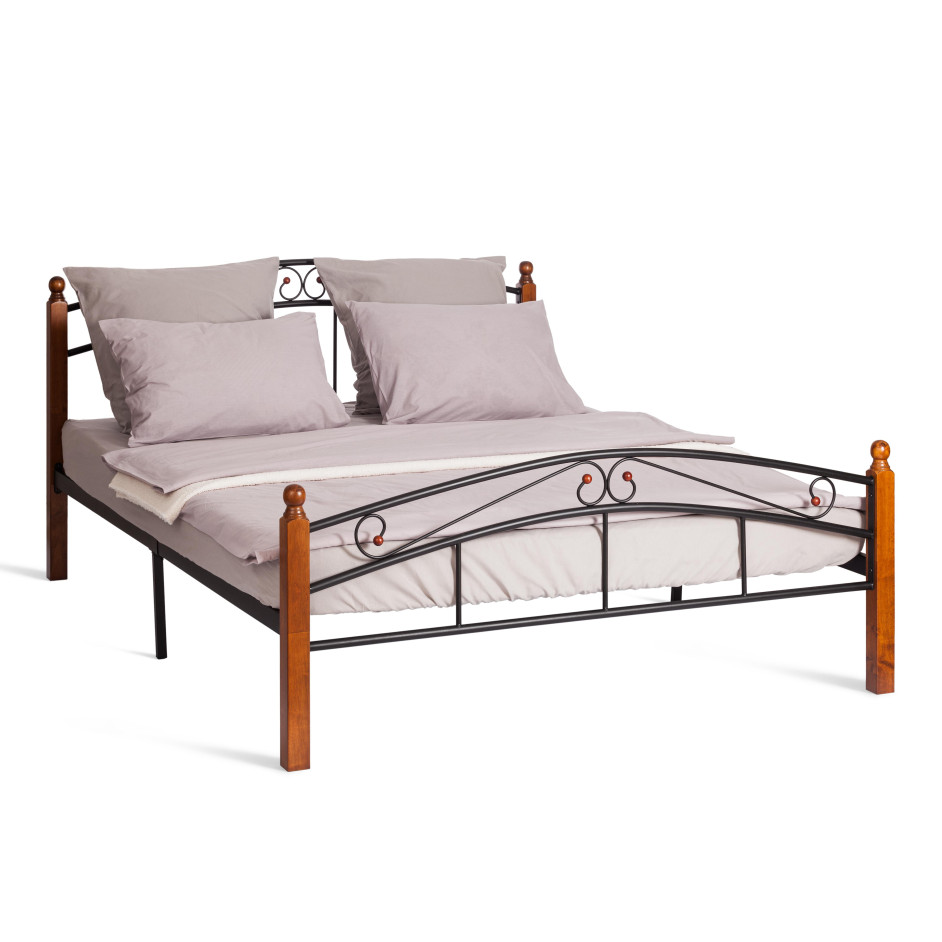 Кровать AT-8077 дерево гевея/металл, 160*200 см (Queen bed), красный дуб/черный