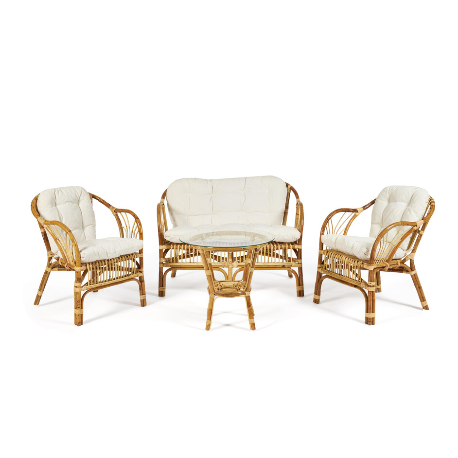 КОМПЛЕКТ " NEW BOGOTA ECO SKIN " ( диван + 2 кресла + стол со стеклом ) /с подушками/ ротанг, кр:61х67х78,5см, дв:108х66х78,5см, ст:D60х56,5см, Natural (натуральный)