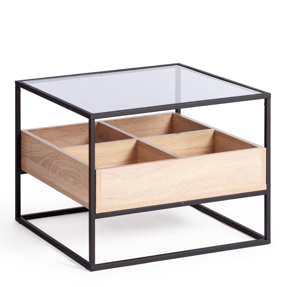 Журнальный стол Eclipse ЛДСП 16мм, стекло 4мм, металл 15x15мм, 60*60*46 см, Сонома/черный