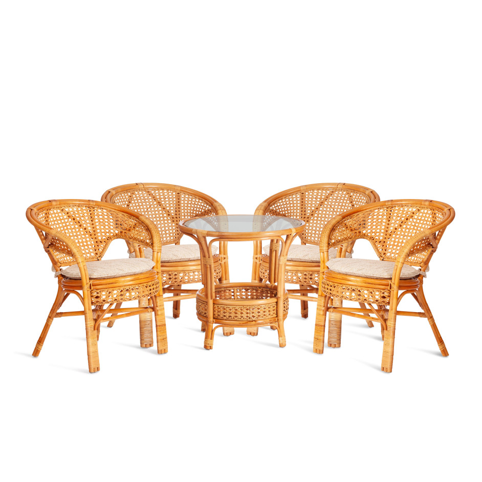 Комплект "PELANGI"  02/15 ( стол со стеклом + 4 кресла ) [с подушками] ротанг, кресло 65х65х77см, стол диаметр 64х61см, Honey (мед)