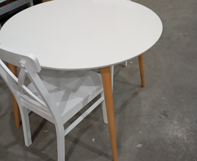 Стол круглый раскладной обеденный BOSCO (Боско) основание бук, столешница мдф, 100*75*100+30см, Белый+Натуральный ( Бук)