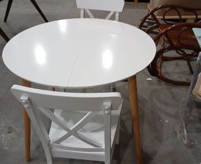 Стол круглый раскладной обеденный BOSCO (Боско) основание бук, столешница мдф, 100*75*100+30см, Белый+Натуральный ( Бук)