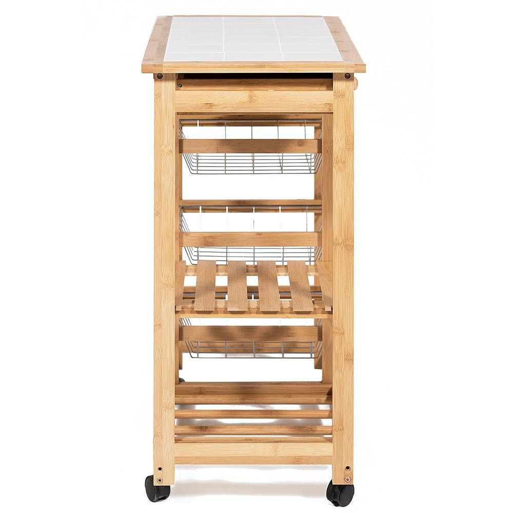Столик передвижной кухонный разделочный (mod. JW3-2063) прессованный бамбук/плитка, 77х37х76см, натуральный