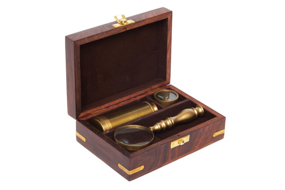 Подарочный набор лупа/компас/подзорная труба в деревянной коробке Secret De Maison ( mod. 37257 ) латунь/дерево манго, 5,5х11,5х16,5, античная медь