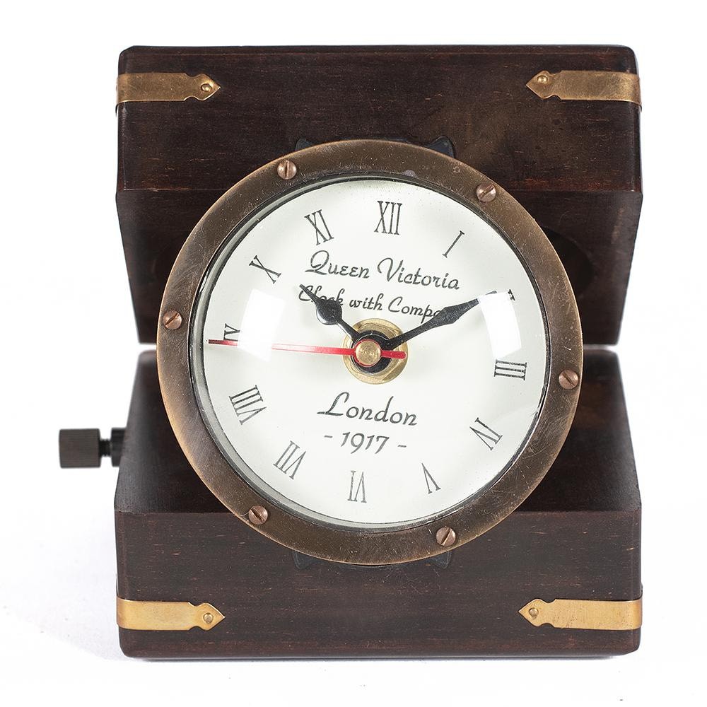 Часы и компас в деревянной коробочке Secret De Maison  (mod. 49398) латунь/дерево манго, 12х11х7см, античная медь