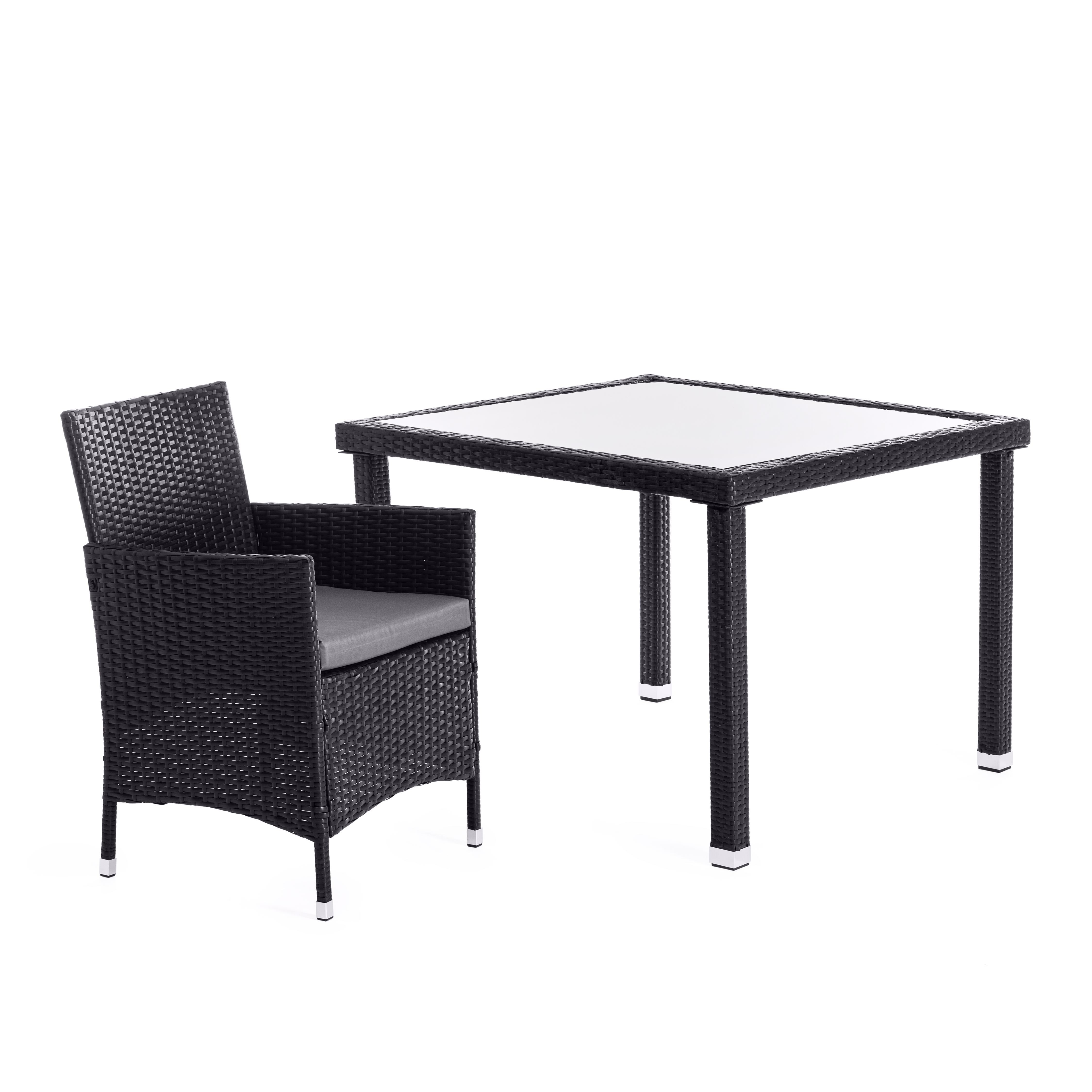 Обеденный сет (стол+4стула) (mod. 210036) пластиковый ротанг, стекло, 100х100х74см/60х60х75см, черный, ткань: DB-16, серый