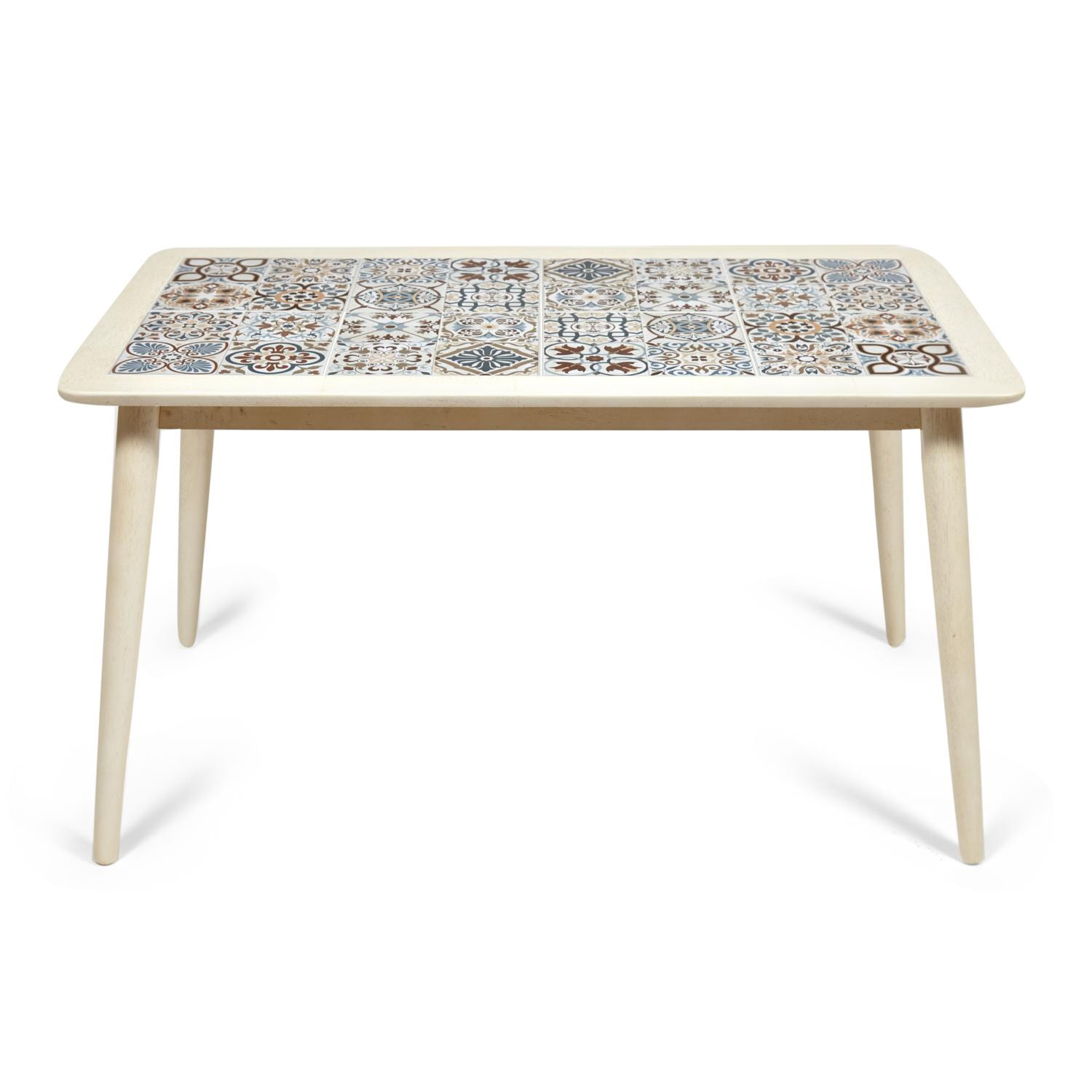 CT3052 Tanger стол с плиткой дерево гевея/плитка, 74*134*75см, античный белый, рисунок - марокко