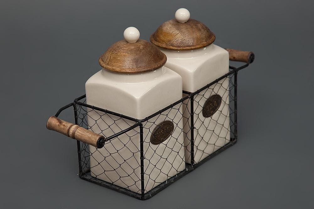 Две банки для сахара и чая в металлической корзине Secret De Maison CHATEAU (mod. C-1416 L) дерево манго/керамика/металл, 34*10*22см, натуральный (natural)