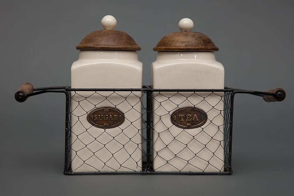 Две банки для сахара и чая в металлической корзине Secret De Maison CHATEAU (mod. C-1416 L) дерево манго/керамика/металл, 34*10*22см, натуральный (natural)