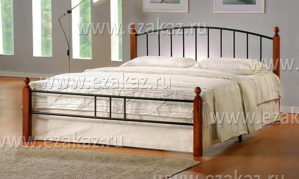 Кровать AT-915 дерево гевея/металл, 160*200 см (Queen bed), красный дуб/черный